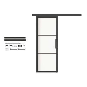 Contemporary sliding glass door with black frame and handle, ideal for modern homes and offices, featuring sleek lines and large glass panels.