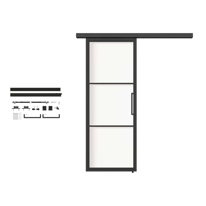 Contemporary sliding glass door with black frame and handle, ideal for modern homes and offices, featuring sleek lines and large glass panels.