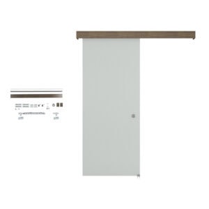 Modern Tengyu sliding door system with wooden top rail and hardware components for smooth operation.