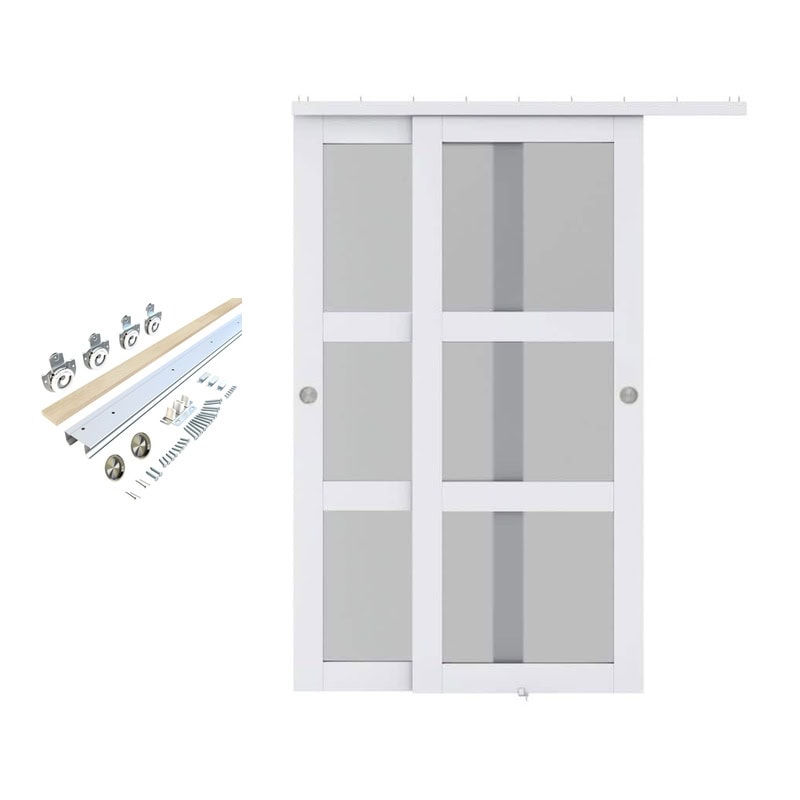 Modern white sliding glass door with hardware and installation kit for home or office use.