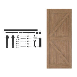 Tengyu wooden barn door kit with hardware, including rails, rollers, and screws, designed for easy installation and rustic aesthetic.