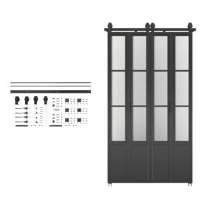 Moderne glazen kledingkast met zwart frame, meerdere panelen en montageonderdelen, ideaal voor stijlvolle opbergoplossingen in huis.