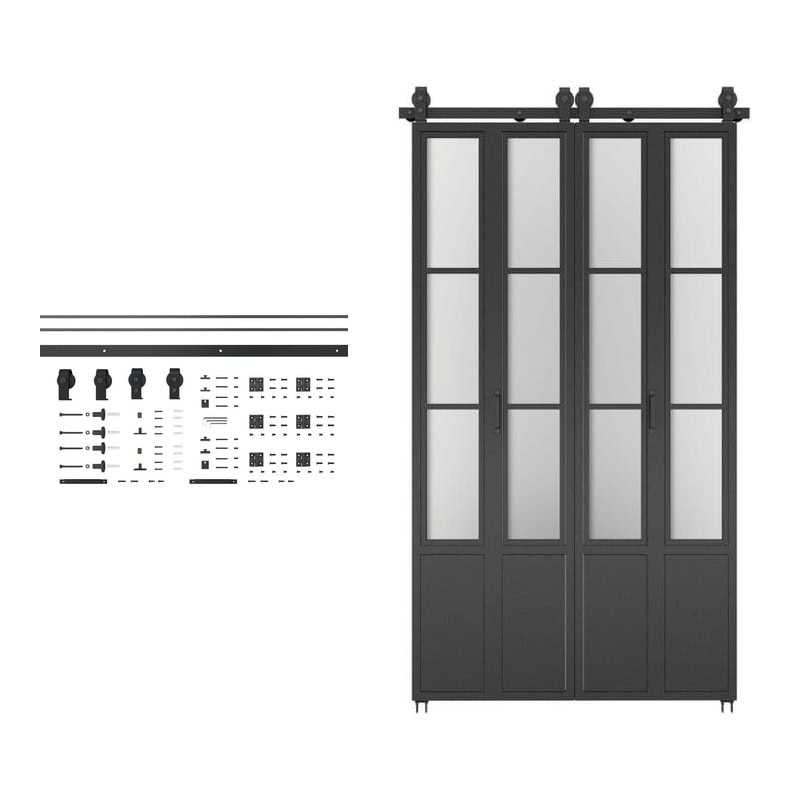 Modern black framed glass wardrobe with multiple panels and hardware components for assembly, ideal for stylish home storage solutions.
