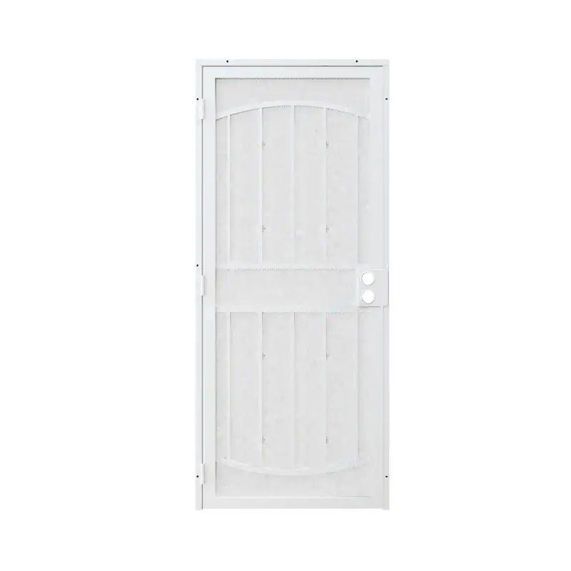 White surface mount steel security door with expanded metal screen, ideal for enhanced security and durability in residential or commercial settings.