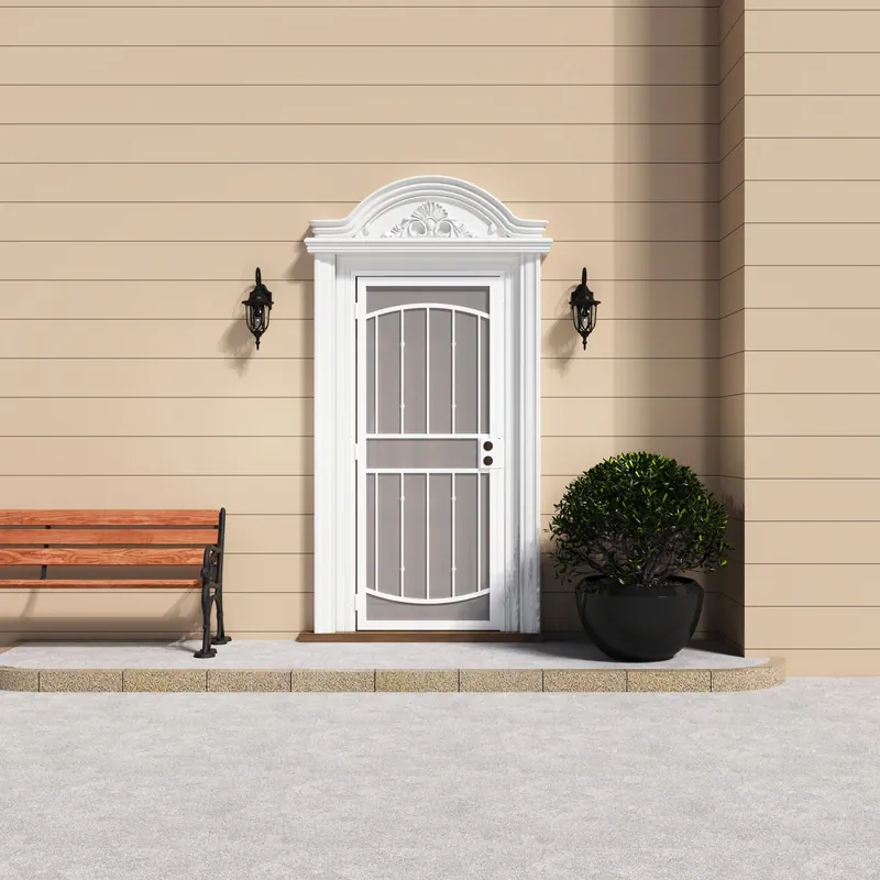 White surface mount steel security door with decorative arch and expanded metal screen, flanked by two black outdoor wall lanterns, with a potted shrub nearby.