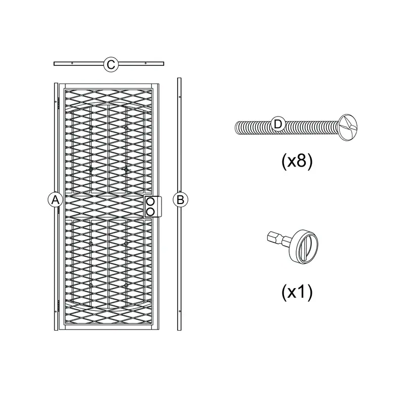 Technical drawing of a steel security door with expanded metal screen, including detailed measurements and hardware components.