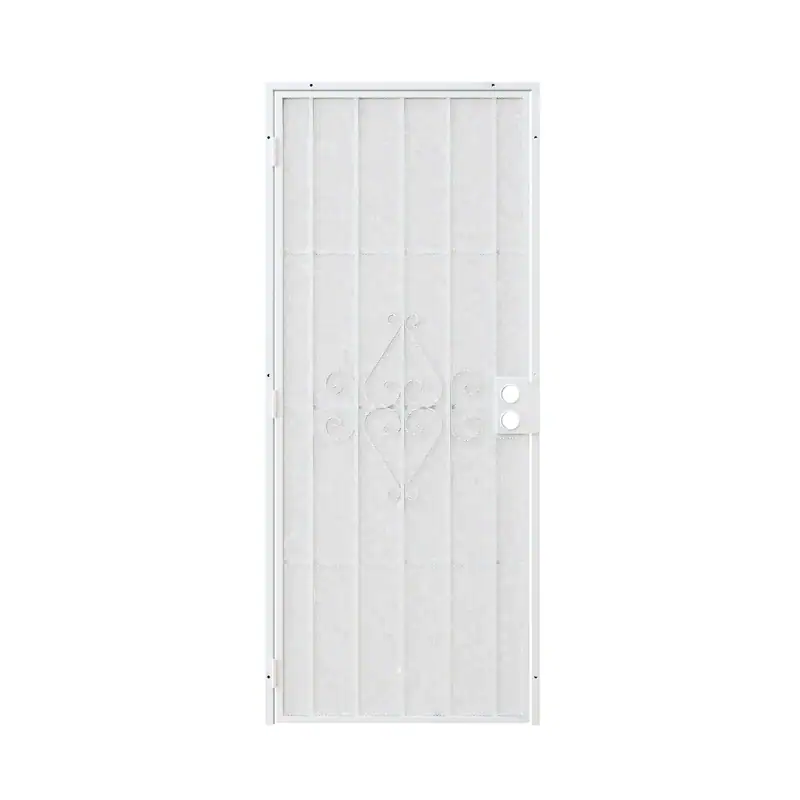 White security screen door with scrollwork design and expanded metal mesh for enhanced security and ventilation.