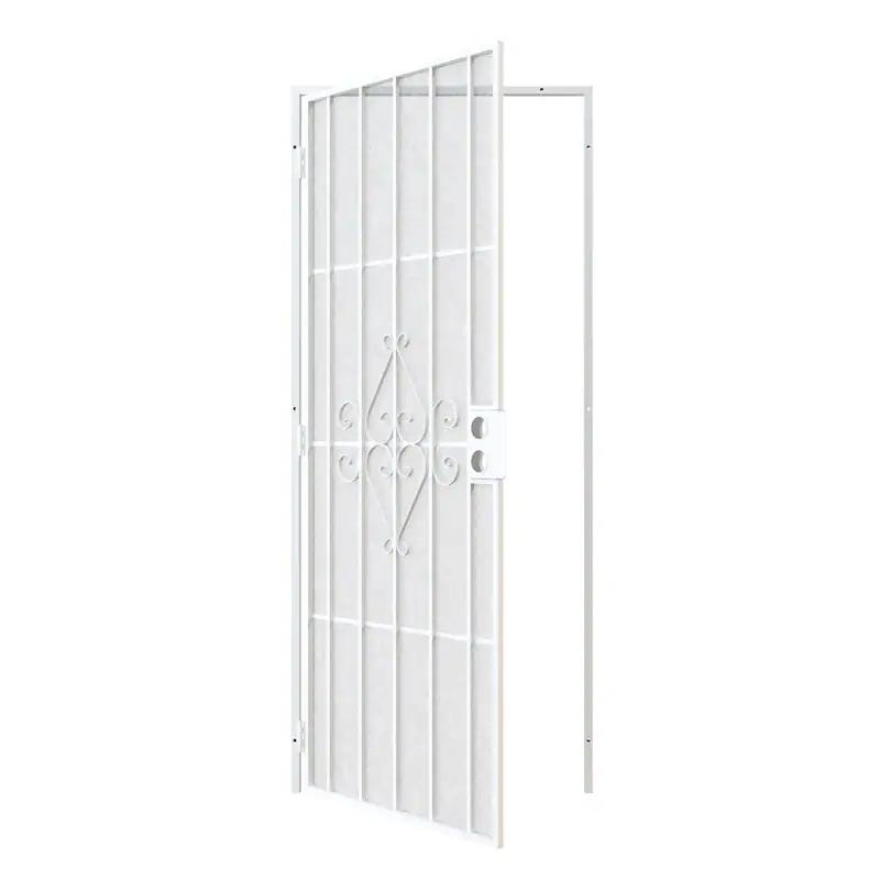 White security screen door with decorative scrollwork and expanded metal mesh, ideal for enhanced home security and aesthetic appeal.