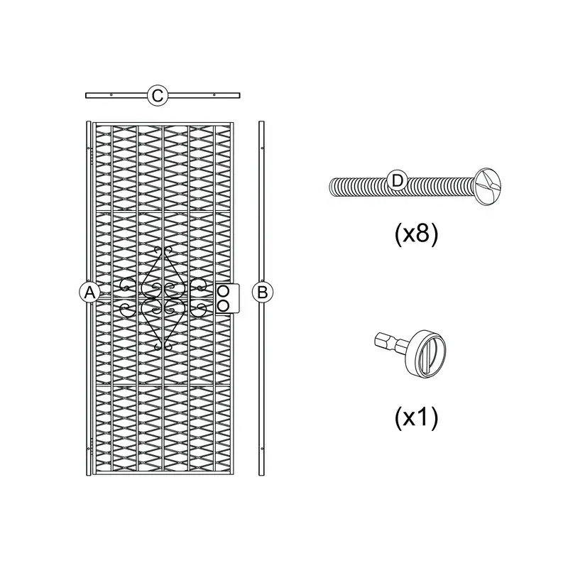 Detailed diagram of a security screen door featuring scrollwork and expanded metal mesh, including mounting hardware and installation components.