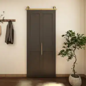 Elegant 36 x 84 black MDF bi-fold barn door with sliding hardware kit, ideal for modern interior spaces.
