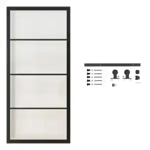 Black steel-framed glass barn door with sliding hardware kit for modern interior design.