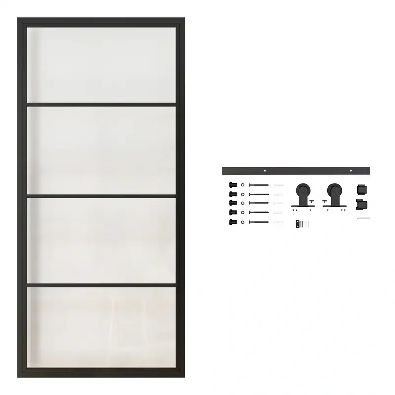 Black steel-framed glass barn door with sliding hardware kit for modern interior design.