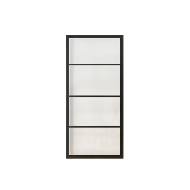 Modern black steel-frame glass barn door with sliding hardware kit, ideal for stylish interior or exterior spaces.