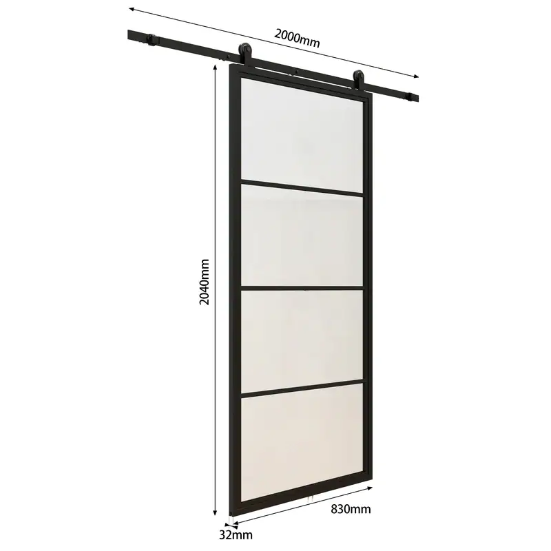 Modern black steel-frame glass barn door with sliding hardware kit, measuring 2040mm by 830mm, ideal for stylish interior or exterior spaces.