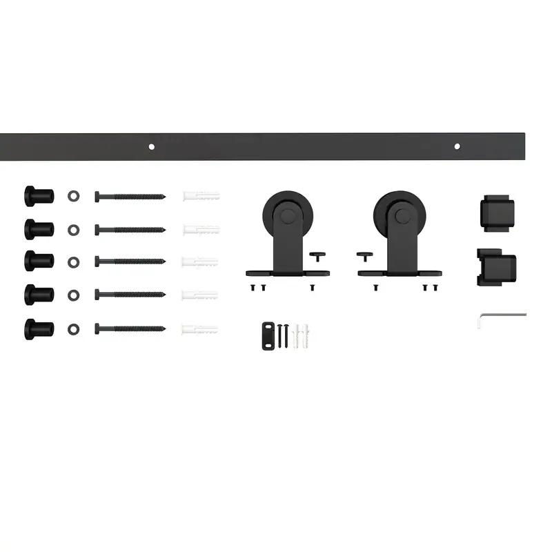 Complete black steel barn door sliding hardware kit with rollers, screws, and mounting brackets for easy installation.