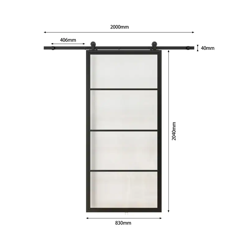 Black steel-framed glass barn door with sliding hardware kit, measuring 2000mm by 830mm, ideal for modern interior design.