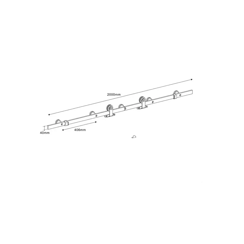 Technical drawing of a black steel-frame glass barn door sliding hardware kit with measurements and mounting details.