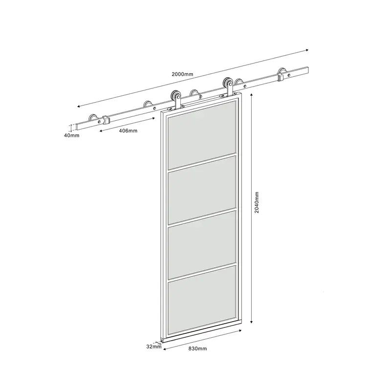 Technical diagram of a 4-Lite black steel-frame glass barn door with sliding hardware kit, showing dimensions and components.