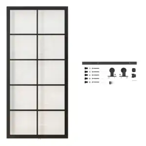 Modern black steel-framed glass barn door with sliding hardware kit, ideal for stylish interior or exterior spaces.