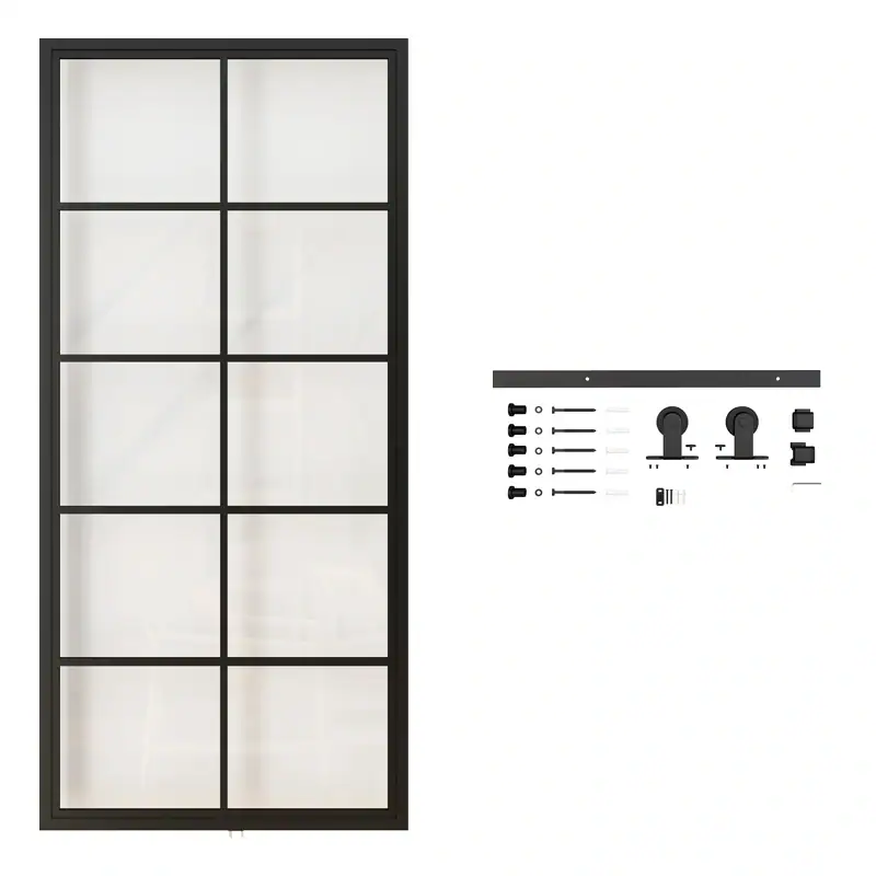 Modern black steel-framed glass barn door with sliding hardware kit, ideal for stylish interior or exterior spaces.