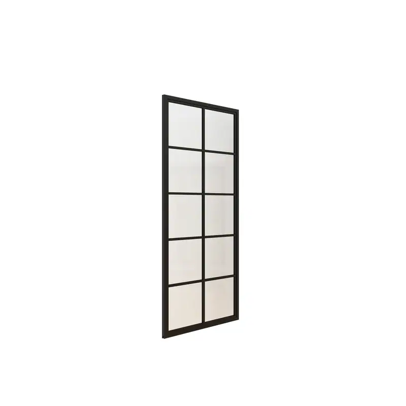 Modern black steel-frame glass barn door with sliding hardware, ideal for contemporary interior design and space-saving solutions.