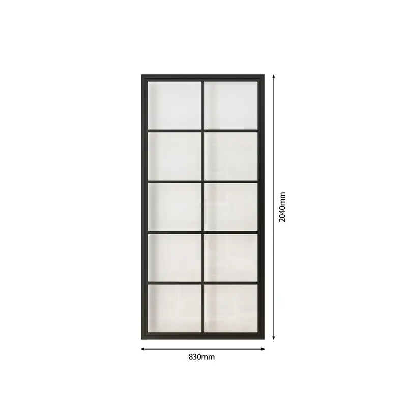 Modern black steel-framed glass barn door with sliding hardware, measuring 2040mm by 830mm, ideal for stylish interior spaces.