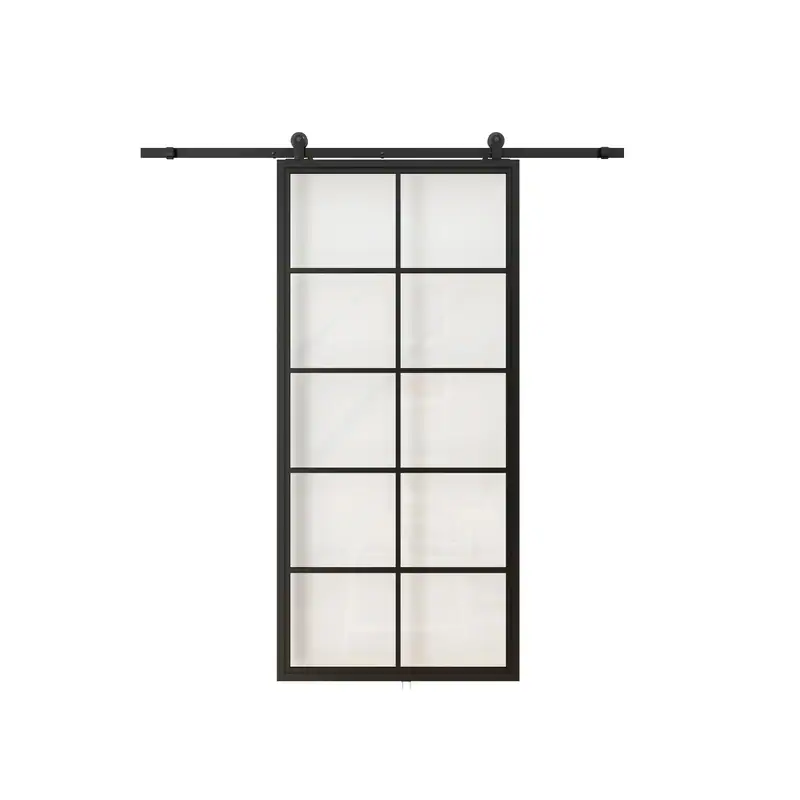 Modern black steel-framed glass barn door with sliding hardware kit, ideal for stylish interior or exterior space division.