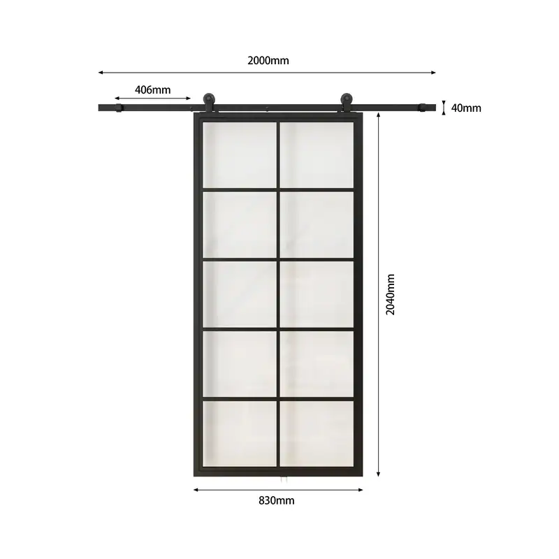Modern black steel-framed glass barn door with sliding hardware, measuring 2000mm wide and 2040mm high, ideal for stylish interior spaces.