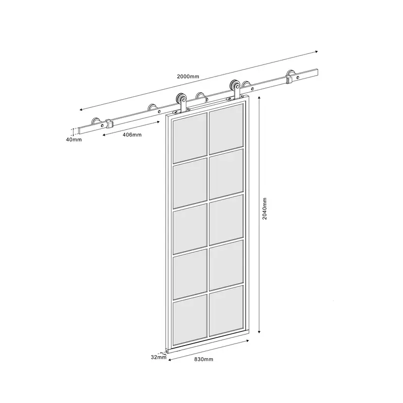 Technical drawing of a 10-Lite black steel-frame glass barn door with sliding hardware kit, showing dimensions and construction details.