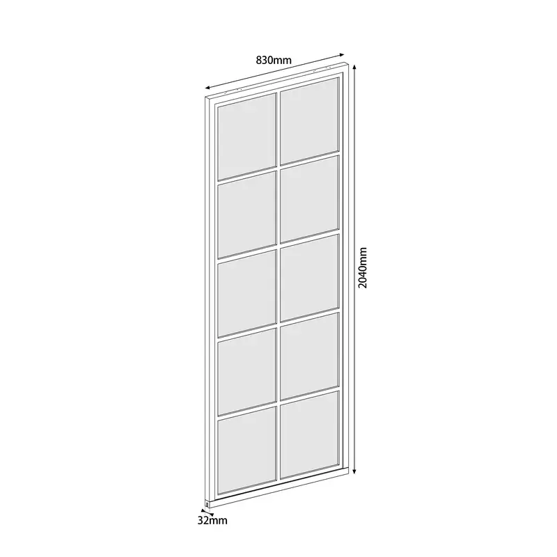 Detailed technical drawing of a black steel-frame glass barn door with sliding hardware, measuring 2040mm in height and 830mm in width, suitable for modern interior design.