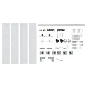 Complete white MDF bi-fold closet door kit with concealed hardware, rollers, tracks, and mounting hardware for easy installation and a sleek look.