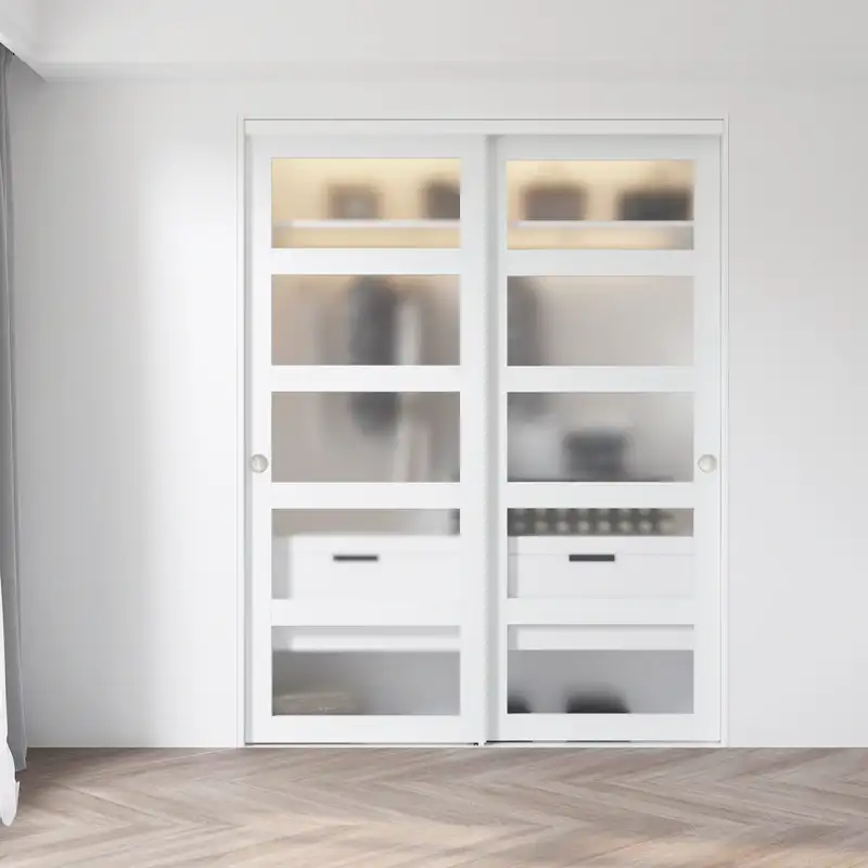 Modern white frosted glass sliding closet doors with hardware kit, ideal for space-saving bedroom storage solutions.