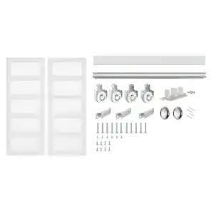 60 x 80 inch white frosted glass bypass closet door with hardware kit, including rollers, tracks, and mounting hardware for easy installation.