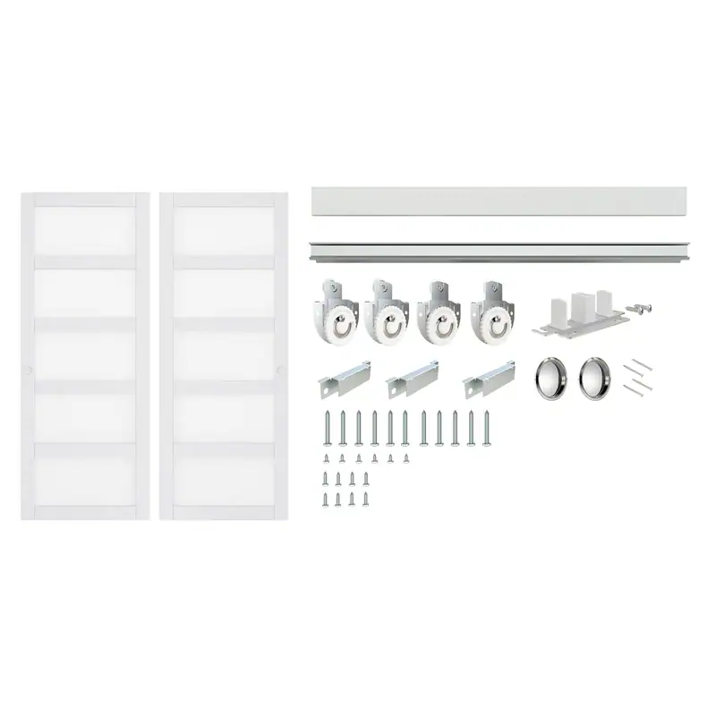 60 x 80 inch white frosted glass bypass closet door with hardware kit, including rollers, tracks, and mounting hardware for easy installation.