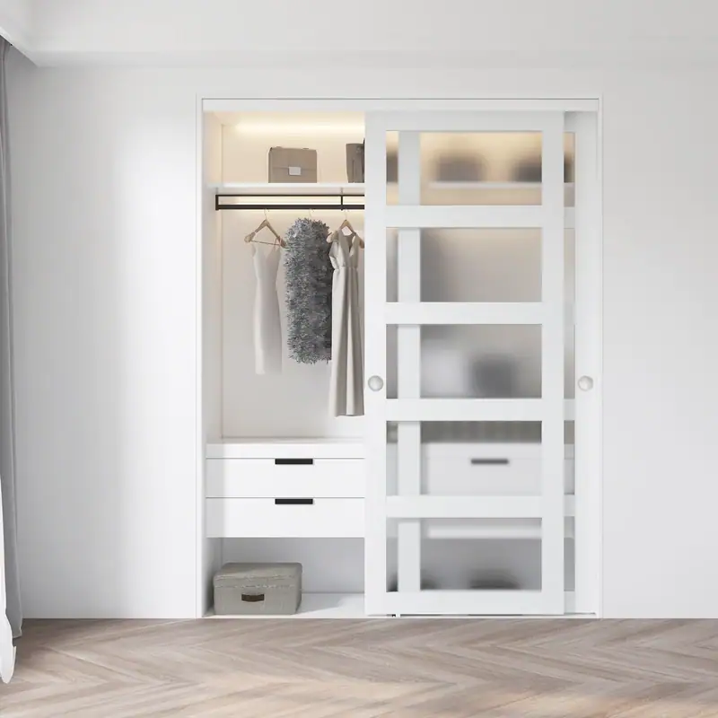 Modern white frosted glass bypass closet door with hardware kit, ideal for bedroom or closet space, featuring sleek design and smooth sliding mechanism.