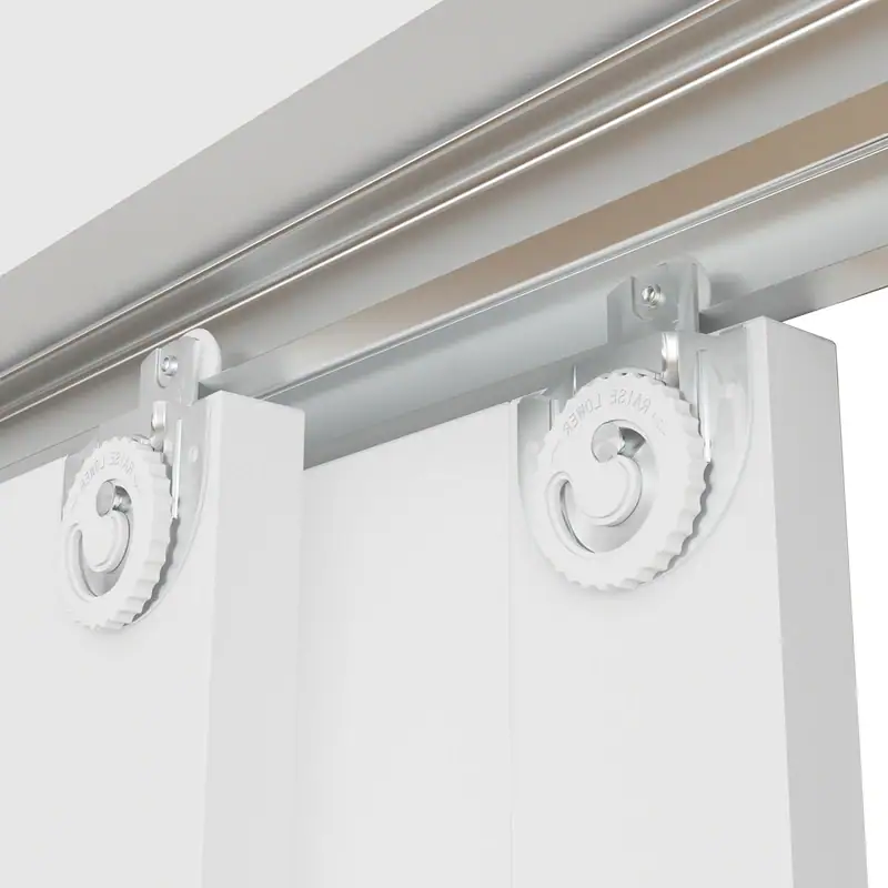 Close-up of white frosted glass bypass closet door with hardware kit, showcasing smooth sliding mechanism and modern design.