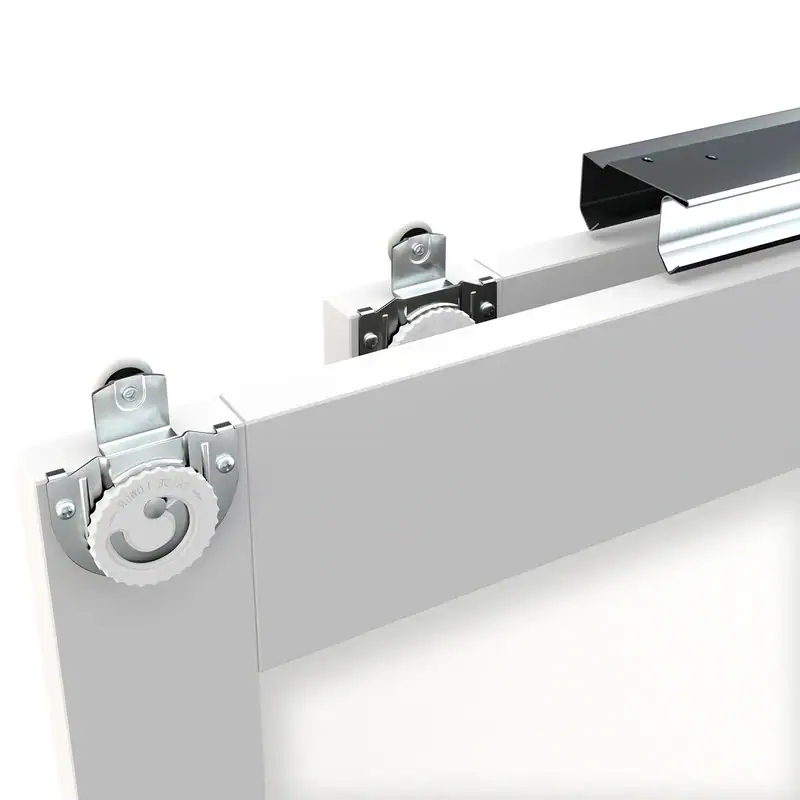 Close-up of hardware kit for 60 x 80 inch white frosted glass bypass closet door, showing rollers and mounting brackets for smooth sliding operation.
