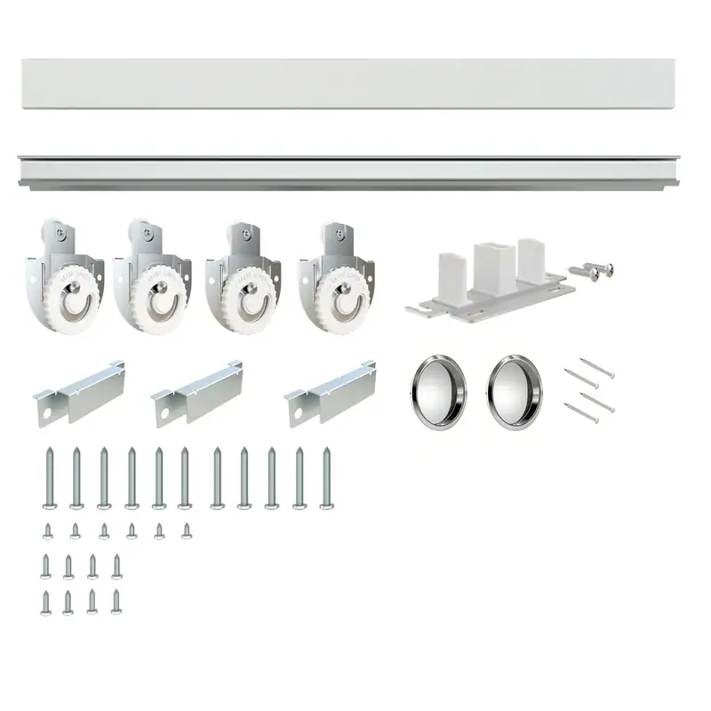 Complete hardware kit for 60 x 80 white frosted glass bypass closet door with rollers, brackets, and screws.