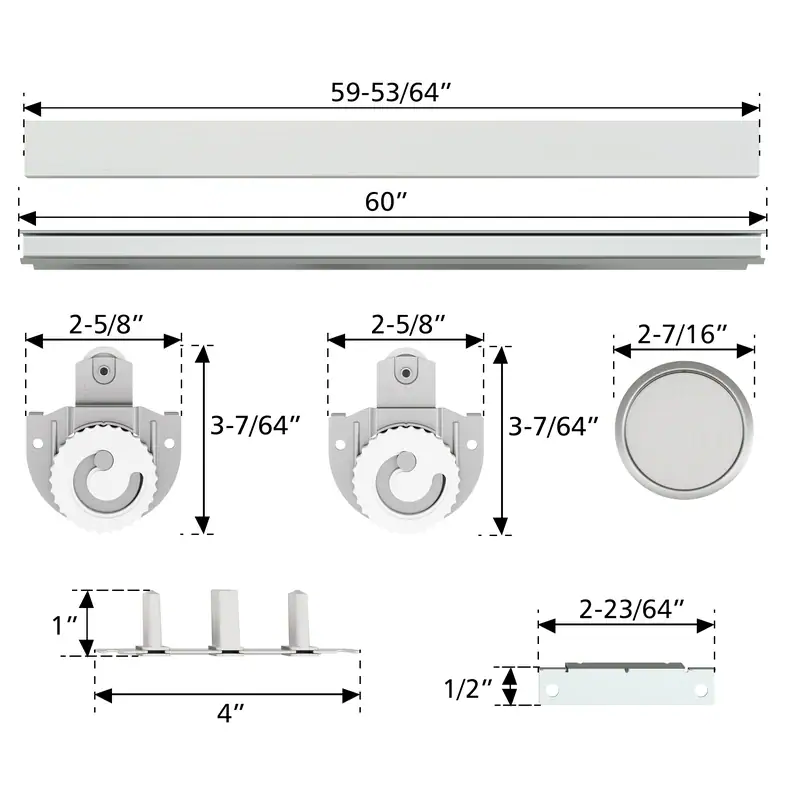 Diagram of hardware components for 60 x 80 inch white frosted glass bypass closet door with detailed measurements and installation parts.