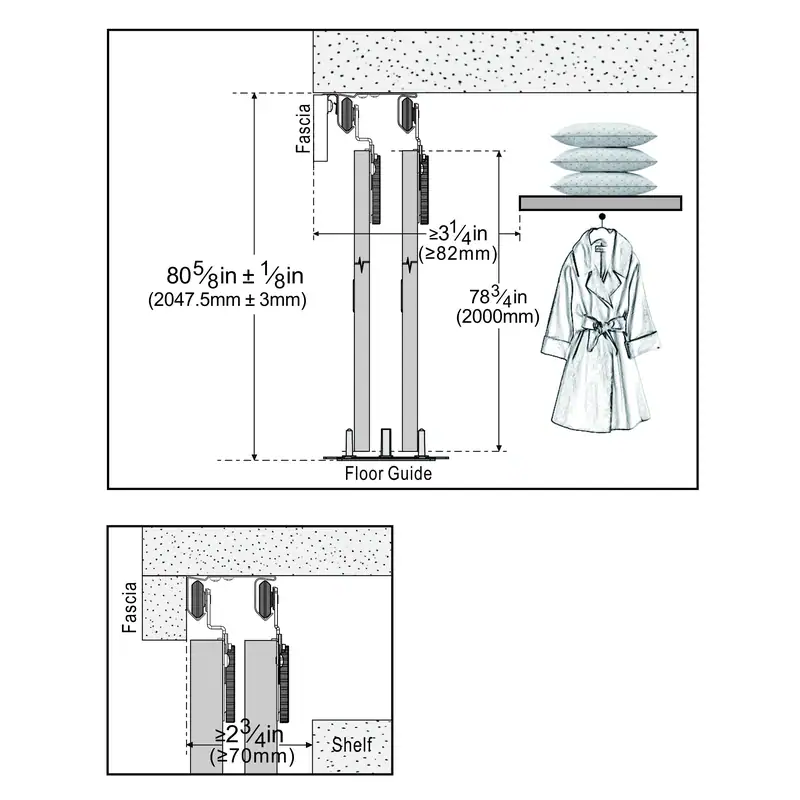 Technical diagram of 60 x 80 inch white frosted glass bypass closet door with hardware and installation details.