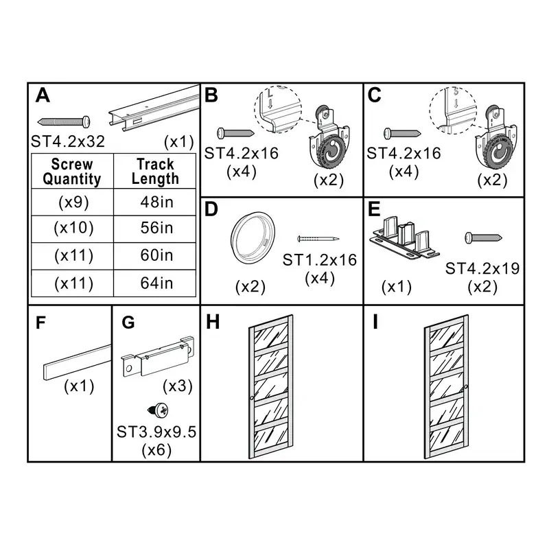 Diagram of hardware components for 60 x 80 inch white frosted glass bypass closet door with detailed parts and quantities.