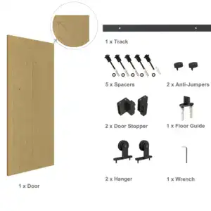 Kit completo de herrajes para puerta de granero con riel, separadores, dispositivos antidescarrilamiento, topes, guía de suelo, colgadores y llave, para puerta de MDF con PVC efecto madera de 36 x 84 pulgadas.
